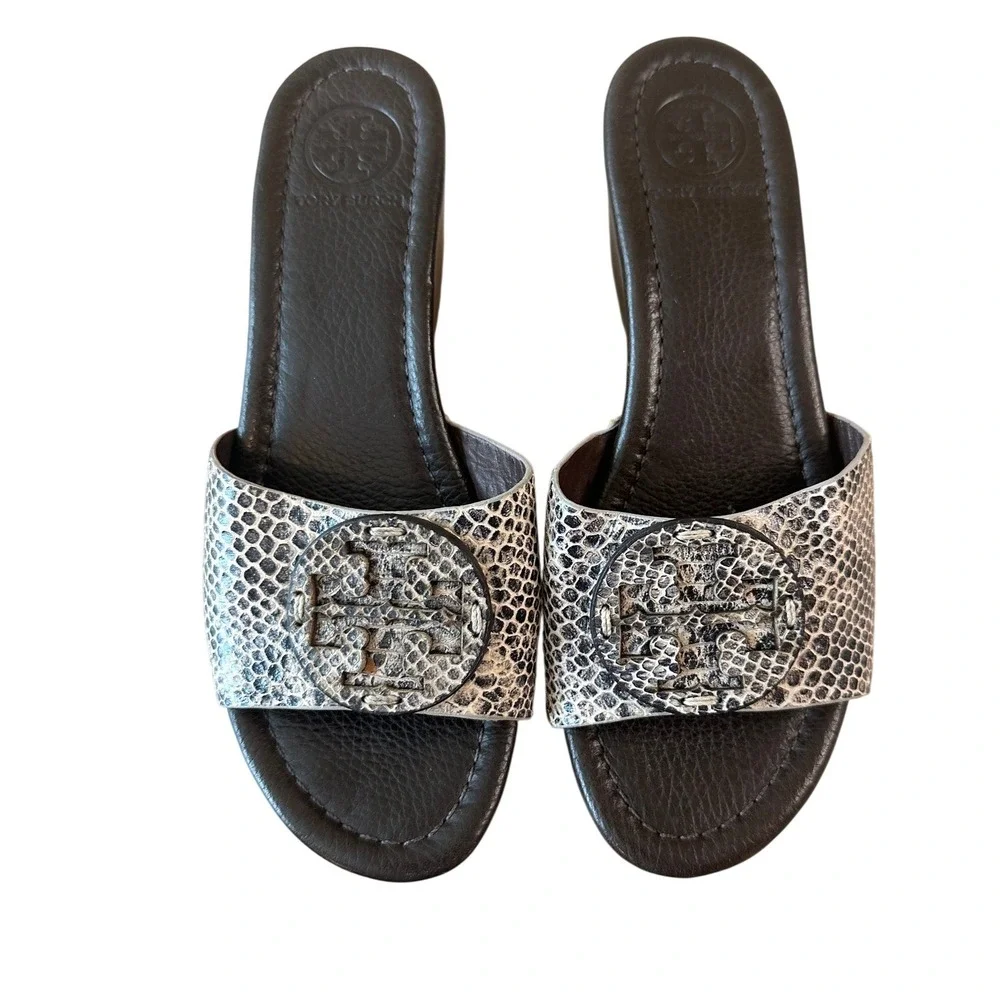 Tory Burch Robinson Snake Embossed Wedge Slides Sandals Sz 7.5 Dust Bag